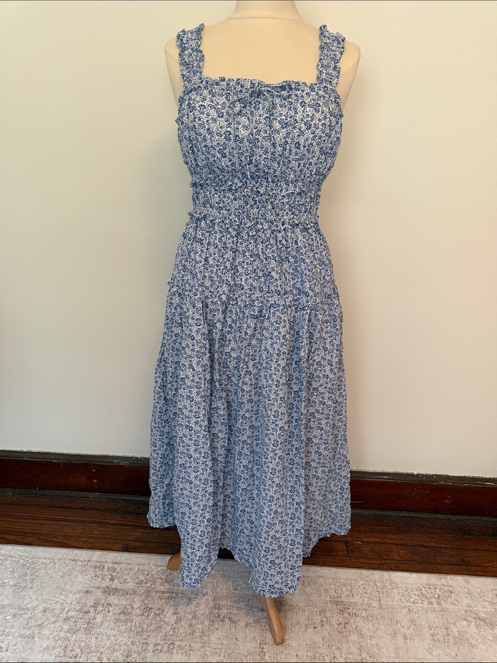 Blue Floral Smocked Midi Dress with Ruffled Straps